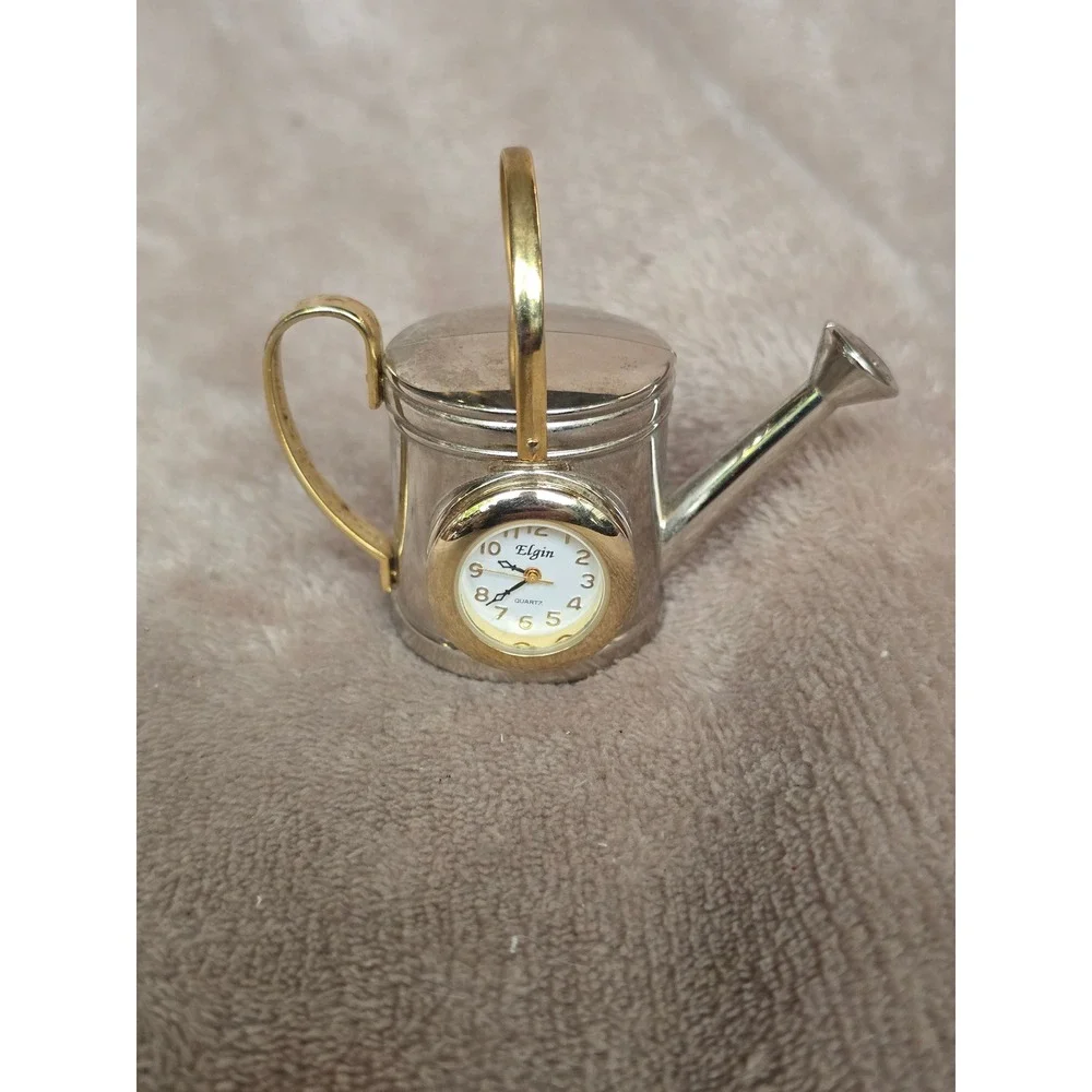 Elgin Miniature Watering Can Desk Clock Silver Gold Tone Novelty Quartz Decor